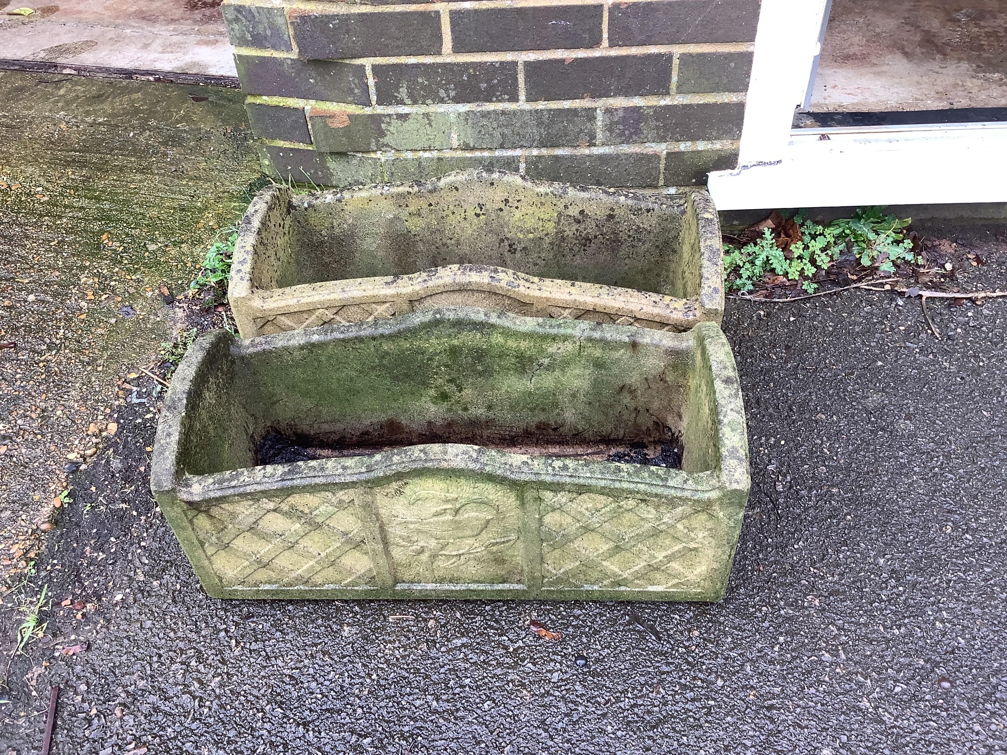Two pairs of reconstituted stone rectangular garden planters, largest width 61cm, height 27cm and two others by Willowstone and Cotswold Stone